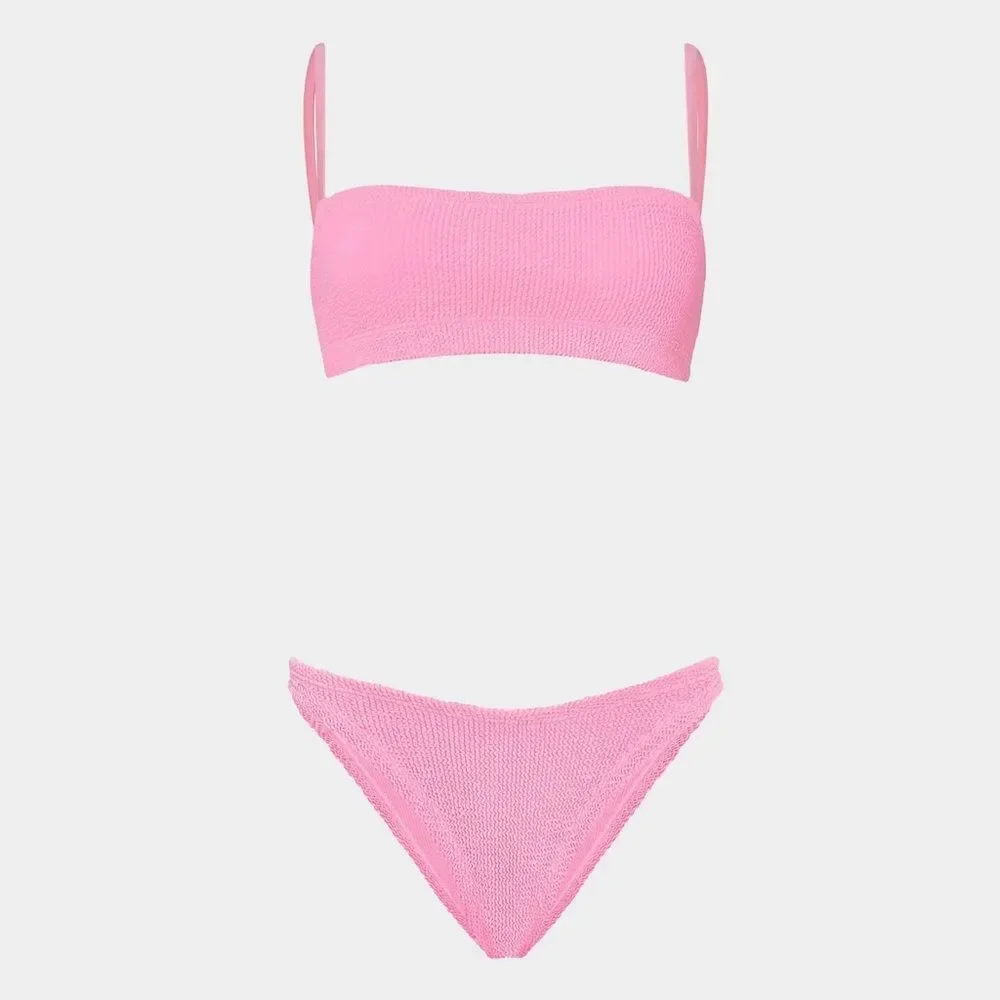 HUNZA G BUBBLEGUM PINK CRINKLE STRETCH GIGI BIKINI SET ONE SIZE FITS ALL